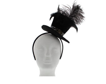 Steampunk Victorian Black Velvet Top Hat Headband Fascinator With Clock Motif & Feathers