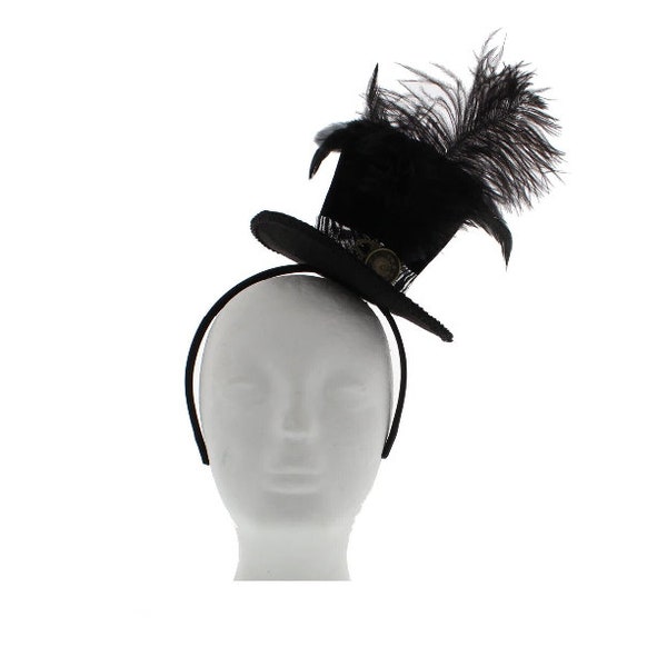 Steampunk Victorian Black Velvet Top Hat Headband Fascinator With Clock Motif & Feathers