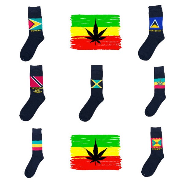 Mens Caribbean Country Flag Trinidad St Lucia Grenada Guyana Jamaica Rasta Reggae Festival Flag Socks Size 6-11