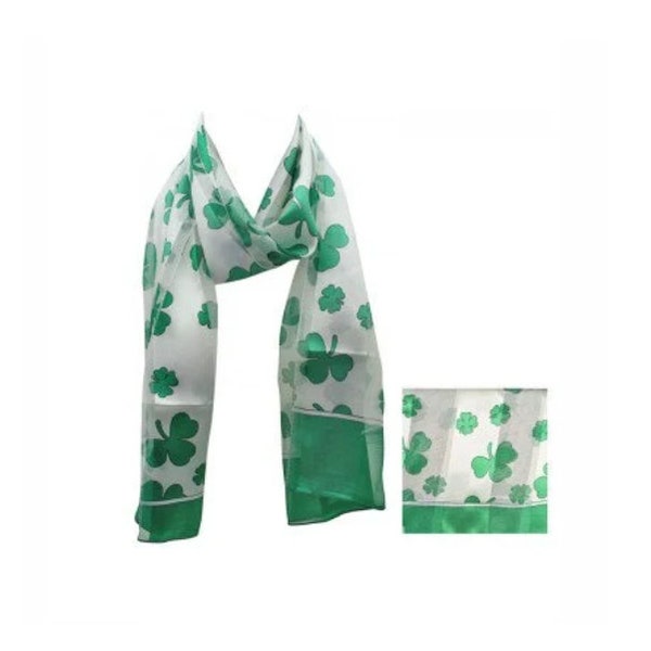 St Patricks Day Irish Ireland Lucky Clover Shamrock Leaf Ivory Stripe Silk Neck Scarf Wrap Gift