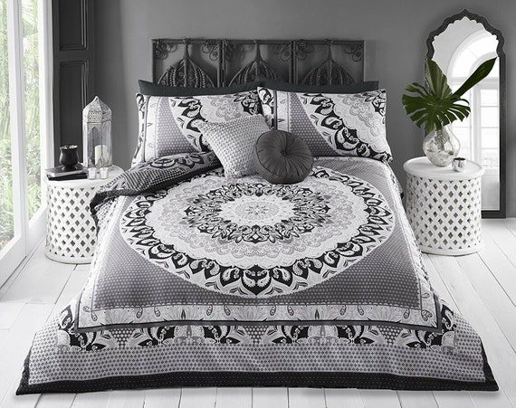 Super King Size Mandala Print Black Grey White Design Duvet Etsy