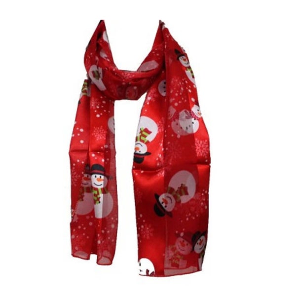 Ladies RED Elegant Christmas Soft Satin Snowman Festive Silky Feel Neck Scarf Gift