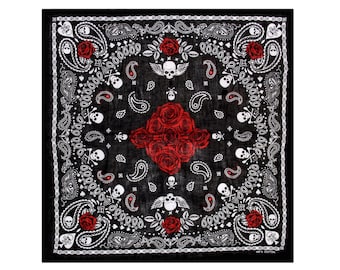 Skull Red Roses Paisley Bandana Neck Tie Headscarf Headband Headwrap