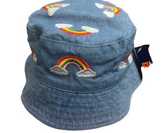 Kids Denim Blue Fisherman Bucket Embroidered Rainbow Clouds Sun Hat 1-3 Years Or 4-6 Years