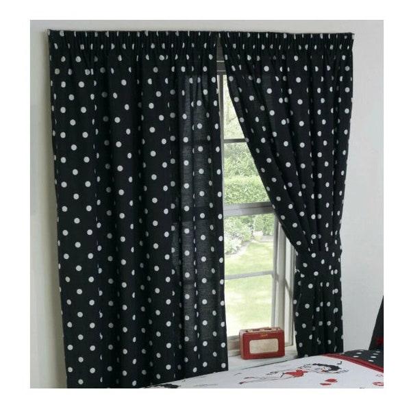 Betty Boop Superstar Black White Polka Dot Unlined Ready Made Pencil Pleat 66" x 72" Curtains With Tie Backs