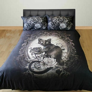 Paracelsus Black Cat Vintage Skull Mirror Roses Gothic Double Bed Duvet Bedding