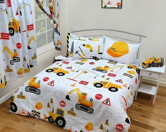 DOUBLE Bed Kids Boys JCB Diggers Construction White Duvet Cover Bedding Set