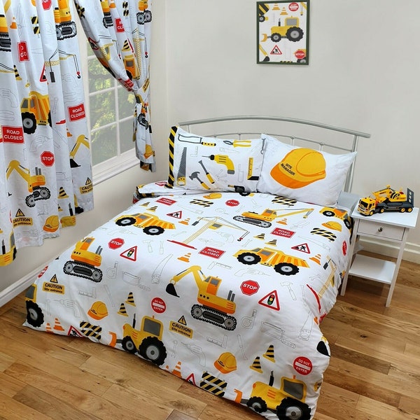 DOUBLE Bed Kids Boys JCB Diggers Construction White Duvet Cover Bedding Set