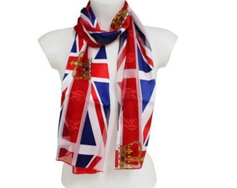 Ladies Union Jack Flag CROWNS Jubilee Red Blue White Satin Silk Neck Scarf Wrap