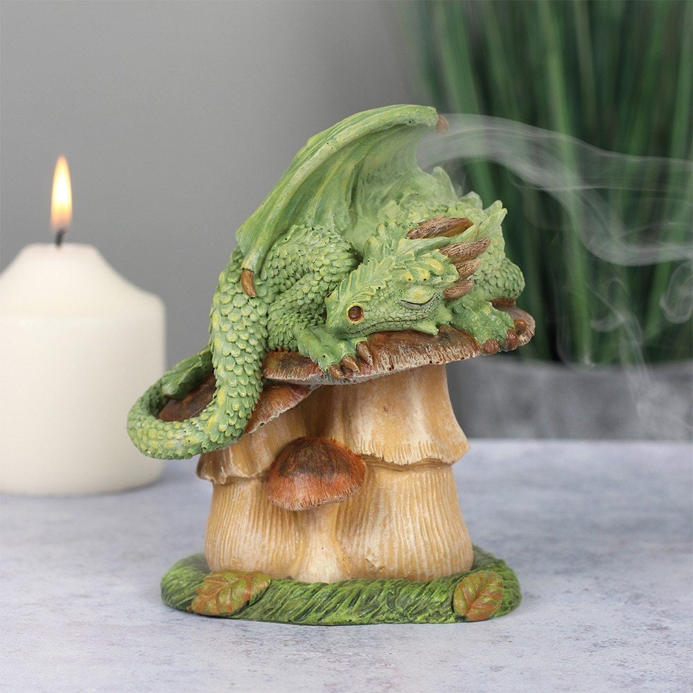 Green Dragon Sleeping On Toadstool Incense Cone Holder Burner Etsy