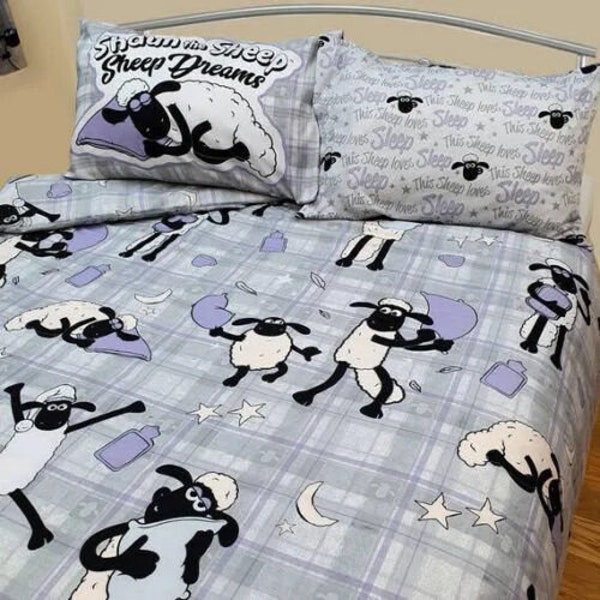 Einzelbett Shaun das Schaf, kariert, grau, lila, schwarz, Bettbezug, Bettwäsche-Set, Geschenk