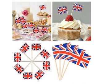 50 Union Jack Flag Cocktail Sticks Cupcake Toppers Queens Jubilee Party