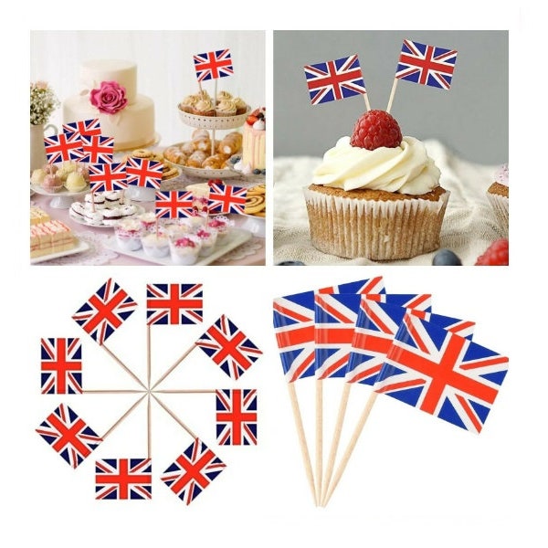 50 Union Jack  Flag Cocktail Sticks Cupcake Toppers Queens Jubilee Party