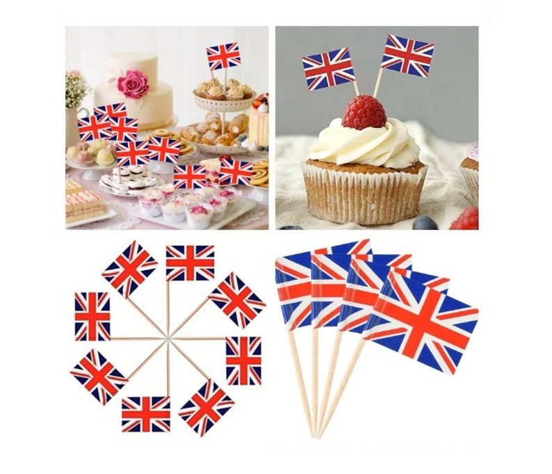 50 Union Jack Flag Cocktail Sticks Cupcake Toppers Queens Etsy UK