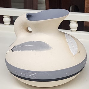 Desert Pueblo Hand Painted Stoneware Pottery Grey Feather Vase