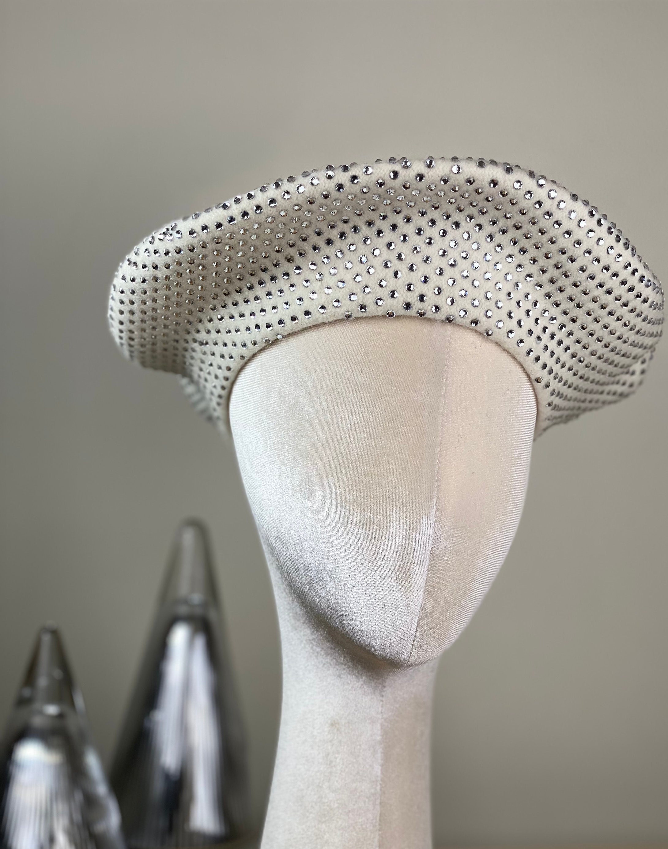 Elegant White Rhinestone Beret Fully Rhinestone covered Beret Hat > Hats , Caps > Mezon  main image 3