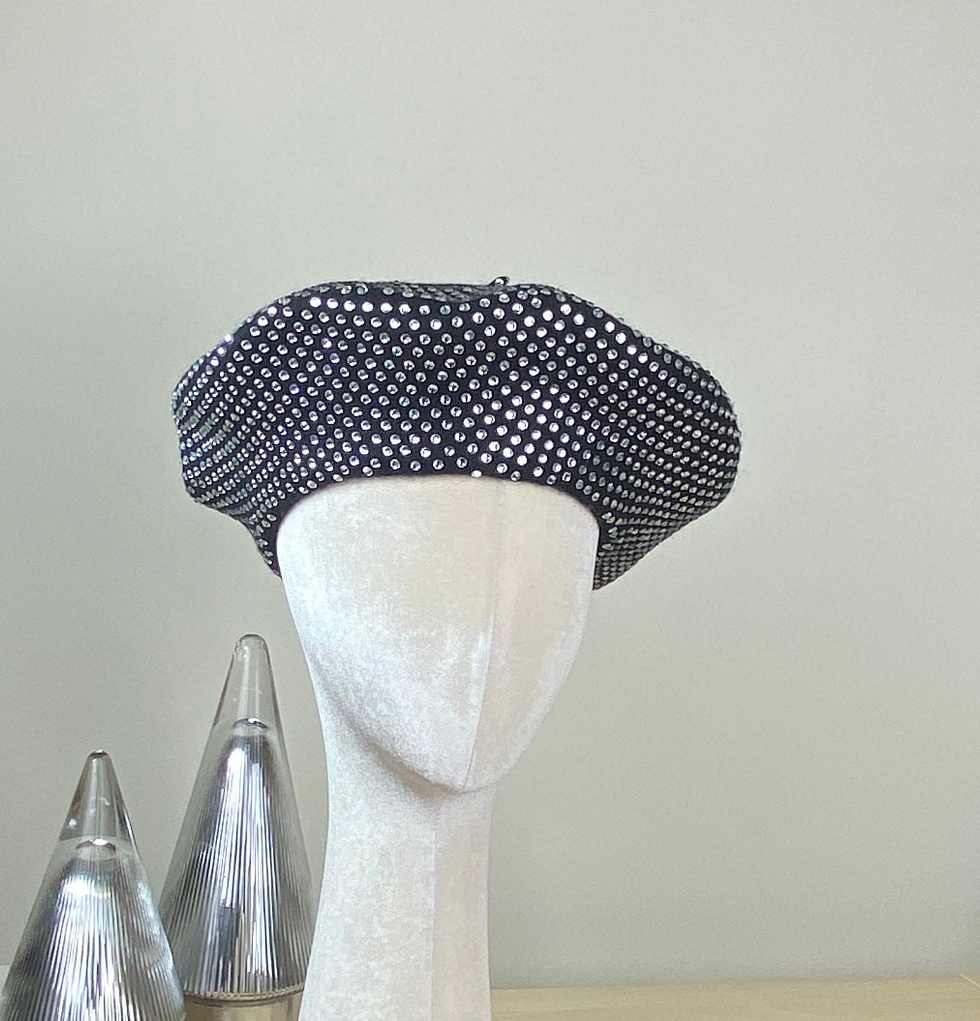 Women's Black Clear Rhinestone Encrusted Beret