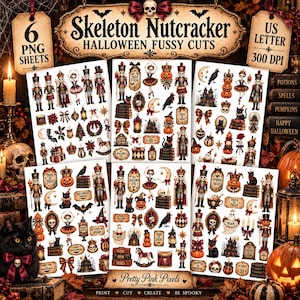 Może przedstawiać: Cyfrowa kolekcja sześciu arkuszy z wycinankami szkieletowych dziadków do orzechów o tematyce Halloween. Grafiki obejmują szkielety, dynie, czarne koty, nawiedzone domy i napisy takie jak Trick or Treat w formacie 300 DPI.