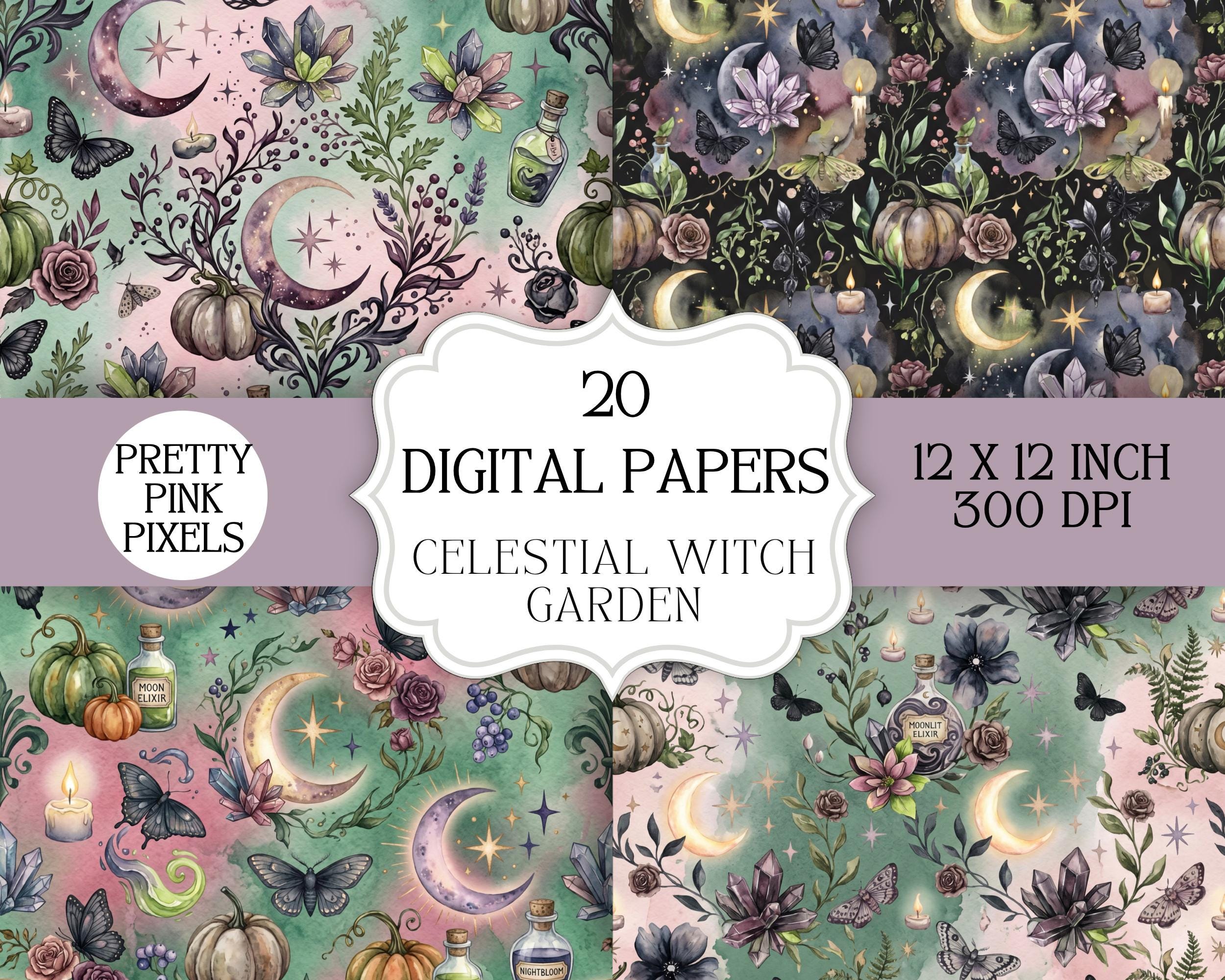 Celestial Witch Garden Digital Paper Pack, Halloween Gothic Watercolor ...