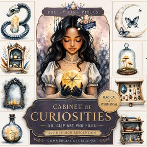 May include: A digital collection of 50 clip art PNG files titled Cabinet of Curiosities, featuring watercolour illustrations of a person holding a glowing orb, skulls, snakes, crystals, books, butterflies, telescopes, and various glass bottles.