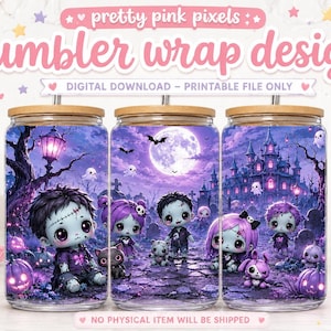 May include: A digital tumbler wrap design featuring a spooky purple Halloween scene with chibi-style characters, a haunted castle, a full moon, and glowing jack-o'-lanterns. The text reads pretty pink pixels, tumbler wrap design, and fits 16 oz, 18 oz, 20 oz.