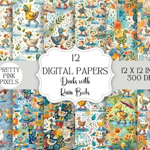 May include: A collection of 12 digital papers featuring watercolor illustrations of ducks wearing rain boots and holding umbrellas. The papers are 12 x 12 inches and 300 DPI. The text "Pretty Pink Pixels" is also visible.
