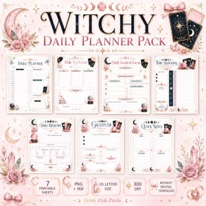 Puede incluir: Un paquete de planificadores digitales titulado Witchy Daily Planner Pack con siete hojas imprimibles con motivos florales y celestiales rosas. El set incluye planificadores diarios, listas de tareas, objetivos, horarios y notas.