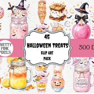 May include: A digital collection of 45 Halloween treats clip art featuring pink doughnuts, mason jar milkshakes, s'mores, candy apples, and pumpkin-themed desserts with witch hats, bats, and stars. Text reads: 45 HALLOWEEN TREATS CLIP ART PACK.