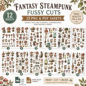 May include: A digital collection of 12 sheets featuring fantasy steampunk fussy cuts in PNG and PDF formats. The sheets contain various illustrations of mushrooms, airships, clocks, gears, and characters, labeled with the text Fantasy Steampunk Fussy Cuts.