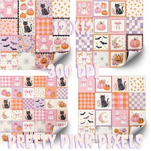 May include: A digital paper set featuring four square patterns with Halloween motifs including black cats, ghosts, pumpkins, bats, bows, and moons in shades of pink, orange, and purple. The text 12x12 300 DPI is visible in the center.