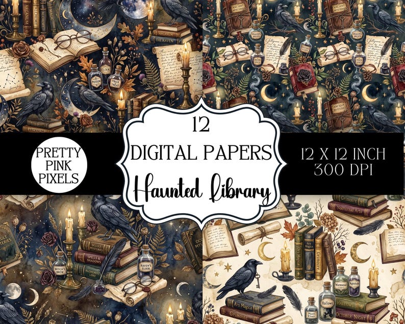 Haunted Paper Vector Haunted Library Digital Paper Pack, Gothic Raven Scrapbook Paper ...