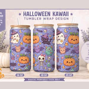 May include: Three glass can tumblers with bamboo lids and straws, featuring a purple Halloween Kawaii pattern with ghosts, pumpkins, bats, cats, and skeletons. Text includes HALLOWEEN KAWAII TUMBLER WRAP DESIGN, DIGITAL DOWNLOAD, and 16 OZ, 18 OZ, 20 OZ.
