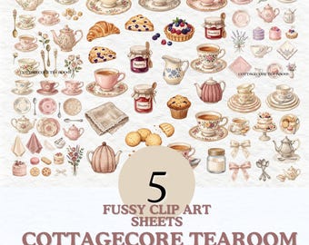 Cottagecore Tearoom PNG Fussy Cut Sheets | Vintage Tea Party Clipart | Printable Junk Journal Ephemera | Floral Teacups & Bakery PNG Bundle