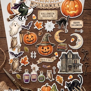 May include: A collection of Halloween-themed stickers featuring a witch on a broom, jack-o'-lanterns, ghosts, black cats, owls, bats, a haunted house, potion bottles labeled Flying Elixir, Spider Venom, and Vetans Elinx, and Happy Halloween banners.