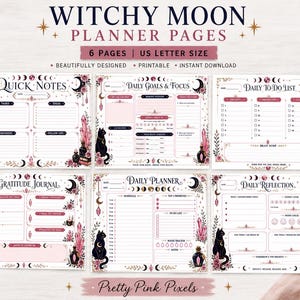 Witchy Moon Planner Pages Printable Bundle|Celestial Cat Daily Planner | Pink Crystal Journal Pages | Witchy Productivity Planner |