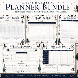May include: A digital planner bundle featuring five printable pages with a witchy and celestial theme. The set includes a monthly habit tracker, reading list, movies and shows tracker, travel planning sheet, and a self-care log, all in US letter size.