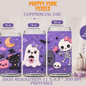 May include: Three clear glass cans in 16 oz, 18 oz, and 20 oz sizes featuring a purple background with Halloween-themed graphics including a pink pumpkin, a black cat, a ghost, a tombstone, and a skeleton, all with clear straws inserted.