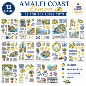 May include: A digital collection of 13 sheets featuring Amalfi Coast lemon and Mediterranean tile illustrations. The set includes PNG and PDF files with fussy cut designs of coastal landscapes, lemon trees, blue and white ceramics, and text.
