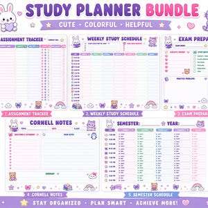 May include: A digital study planner bundle featuring five printable PDF pages with pastel purple and pink accents. The set includes an assignment tracker, weekly study schedule, exam preparation sheet, Cornell notes, and a semester schedule with cute animal illustrations.