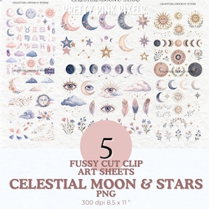 May include: A set of celestial-themed fussy cut clip art sheets featuring moons, stars, zodiac symbols, eyes, clouds, feathers, and floral elements in soft watercolor hues. The text reads "CELESTIAL MOON & STARS" and "FUSSY CUT CLIP ART SHEETS". The sheets are 21.59 x 27.94 cm.