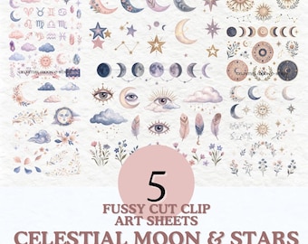 Celestial Moon & Stars Fussy Cut Clip Art Sheets PNG | Boho Zodiac Sun Moon Clipart | Junk Journal Ephemera | Printable  Elements