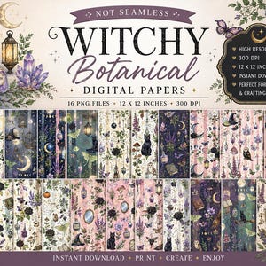 Könnte beinhalten: Eine digitale Sammlung von 16 hexenhaften botanischen Papieren mit Illustrationen von schwarzen Katzen, Eulen, Kristallen, Laternen, Zaubertrankflaschen, Monden und floralen Elementen. Das Set enthält 30,48 x 30,48 cm große PNG-Dateien mit 300 DPI und zeigt verschiedene Muster in dunkelvioletten, schwarzen und zartrosa Farbpaletten.