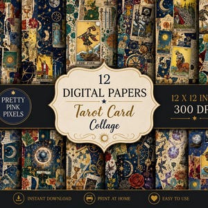 Puede incluir: Una colección de 12 papeles digitales con un diseño de collage de cartas del tarot con motivos celestiales, lunas, estrellas y elementos florales en tonos azul profundo, dorado y crema. El texto dice 12 DIGITAL PAPERS Tarot Card Collage 12 X 12 INCH.