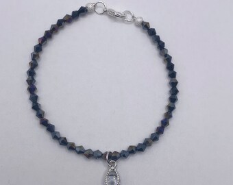 Black AB Czech glass bicone bracelet with crystal evil eye charm