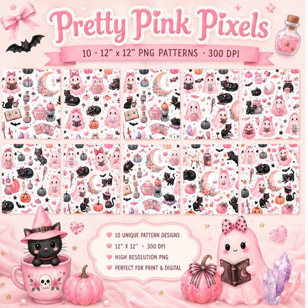 Pink Ghost Halloween Digital Paper Pack | 10 Cute Kawaii Halloween Patterns | Pink & Black Ghosts, Cats, Pumpkins | 12x12 PNG Scrapbook