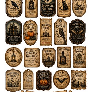 May include: A collection of twenty rectangular and oval-shaped paper labels featuring vintage-style illustrations of ravens, skulls, pumpkins, bats, and potions with text including Raven Hollow, Moonlit Potions, and a banner reading Double, Toil & Trouble.
