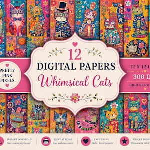 Könnte beinhalten: Eine Sammlung von 12 digitalen Papieren mit farbenfrohen Katzenillustrationen und floralen sowie geometrischen Mustern. Der Text lautet 12 DIGITAL PAPERS Whimsical Cats, 12 X 12 INCH, 300 DPI, HIGH RESOLUTION, PRETTY PINK PIXELS.