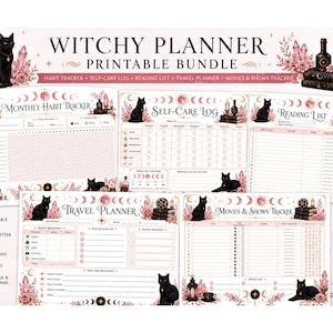 May include: A Witchy Planner printable bundle featuring five pages including a monthly habit tracker, self-care log, reading list, travel planner, and movies and shows tracker. The pages are decorated with black cats, pink crystals, and moon phases.