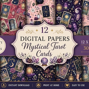 May include: A collection of 12 digital papers featuring mystical tarot card designs, celestial motifs, moons, and crystals in pink and dark purple color palettes. The text reads 12 DIGITAL PAPERS Mystical Tarot Cards 12 X 12 INCH 300 DPI.