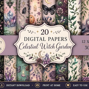 May include: A collection of 20 digital papers titled Celestial Witch Garden, measuring 12 x 12 inches at 300 DPI. The patterns feature illustrations of pumpkins, crystals, roses, butterflies, candles, and potion bottles in pink and dark tones.